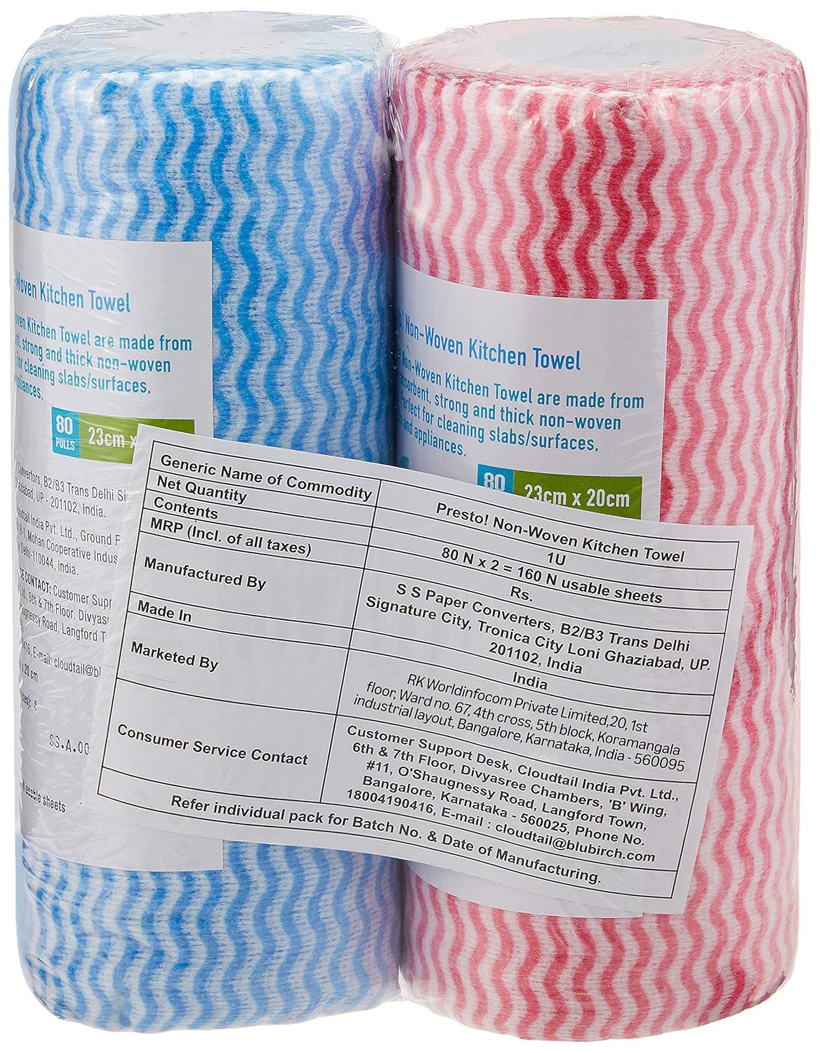 Amazon Brand - Presto! Non-Woven Kitchen Towel Roll | 160 Pulls | Blue & Red Kitchen Cloth | 80 Pulls X 2 Rolls | Food Safe | Lint-free and Residue-Free | Washable and Reusable | Highly Absorbent