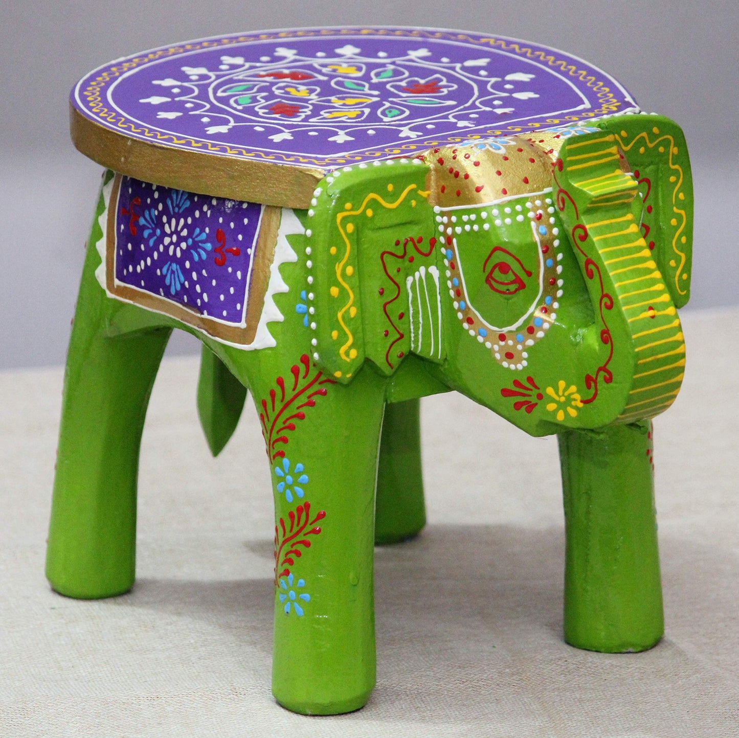 JH Gallery Handcrafted and Emboss Painted Colorful Wooden Elephant Shape Stool Table (8 Inches Height, Black)