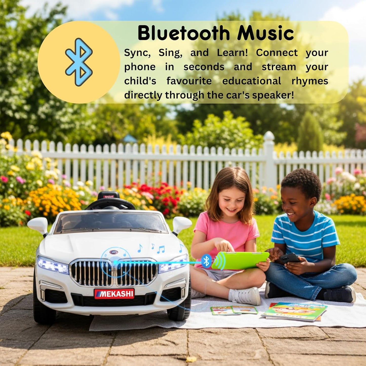 MEKASHI Electric Ride on Car for Kids, Parental Remote, 12V Rechargeable Battery, 3 Speed, LED Lights, Music, Bluetooth, 1 to 7 Years, Swing Function, Long Wheelbase, ISI Mark, MKS003-White