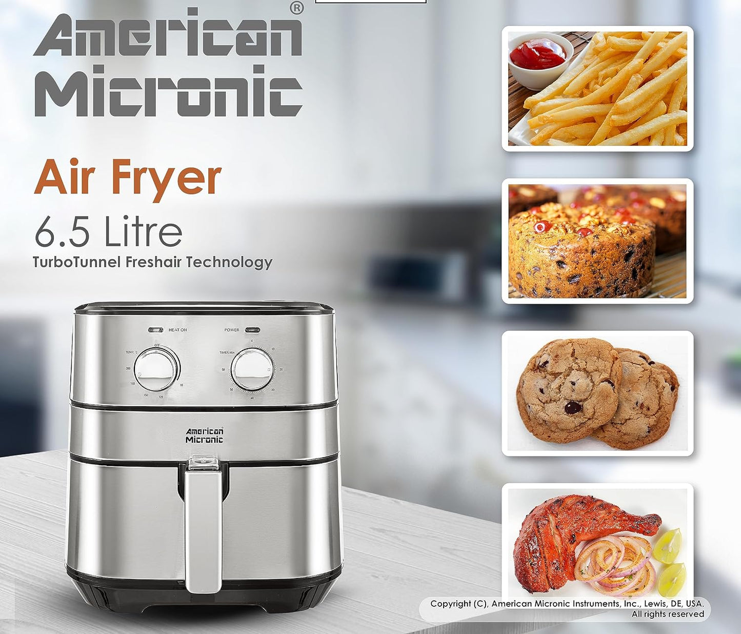 AMERICAN MICRONIC® 6.5 L Air Fryer for Home | 1700W Rapid Air Technology | Removable Basket | 60-Min Timer | Fry, Grill, Roast & Bake | Free Recipe Book | AMI-AFM-65LDx (Black & Steel)