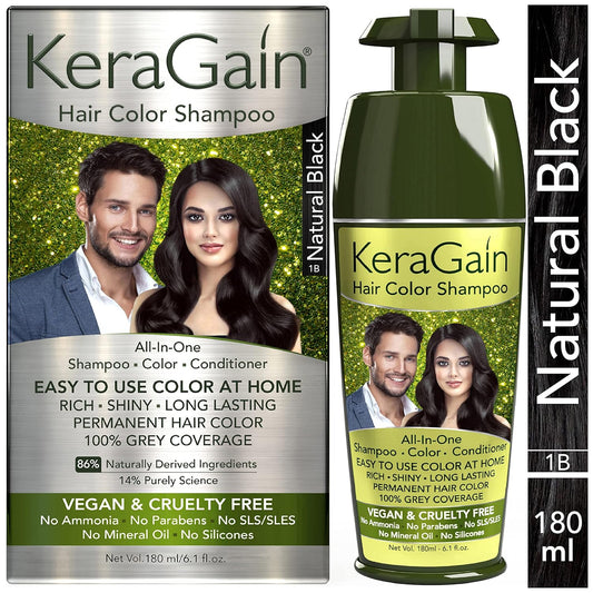 KERAGAIN Hair Color Shampoo (Natural Black,180Ml) PPD Free, Ammonia Free Permanent Hair Colour For Women & Men, |Vegan & Cruelty-Free| Keratin Treatment Included