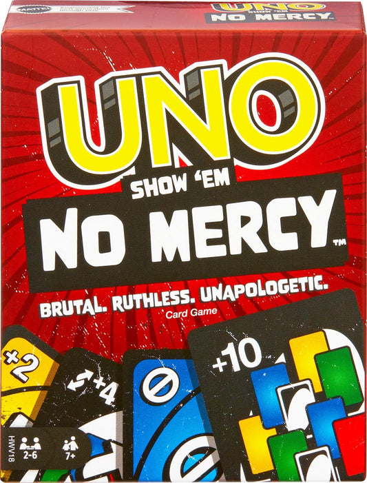 Mattel Games ​UNO Show ‘em No Mercy Card Game for Kids, Adults & Family Parties and Travel with Extra Cards, Special Rules and Tougher Penalties.