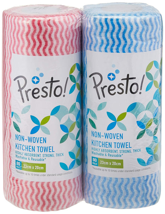 Amazon Brand - Presto! Non-Woven Kitchen Towel Roll | 160 Pulls | Blue & Red Kitchen Cloth | 80 Pulls X 2 Rolls | Food Safe | Lint-free and Residue-Free | Washable and Reusable | Highly Absorbent