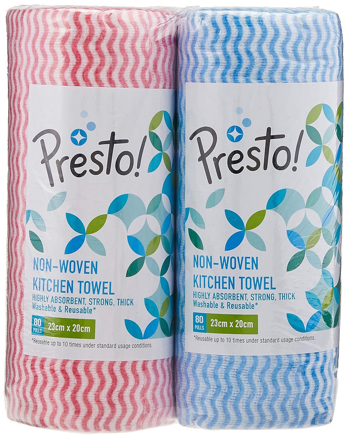Amazon Brand - Presto! Non-Woven Kitchen Towel Roll | 160 Pulls | Blue & Red Kitchen Cloth | 80 Pulls X 2 Rolls | Food Safe | Lint-free and Residue-Free | Washable and Reusable | Highly Absorbent