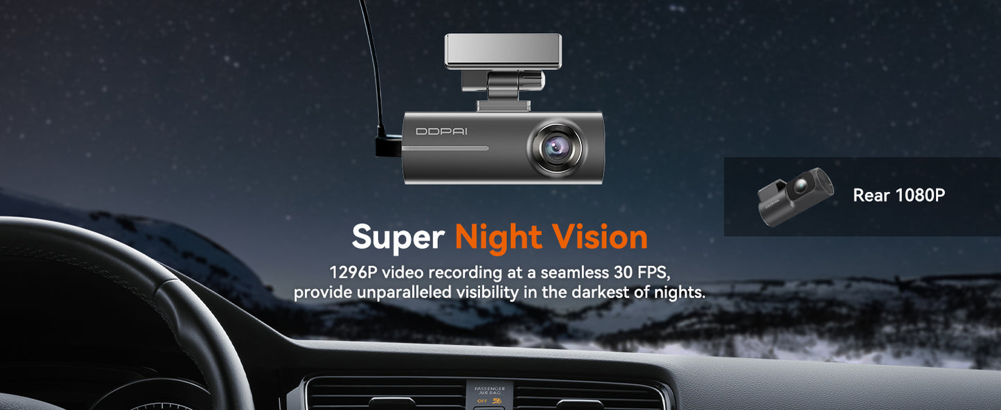 DDPAI Dual Channel Dash Cam for Car Front and Rear | 1296P Front + 1080P Rear Camera |
