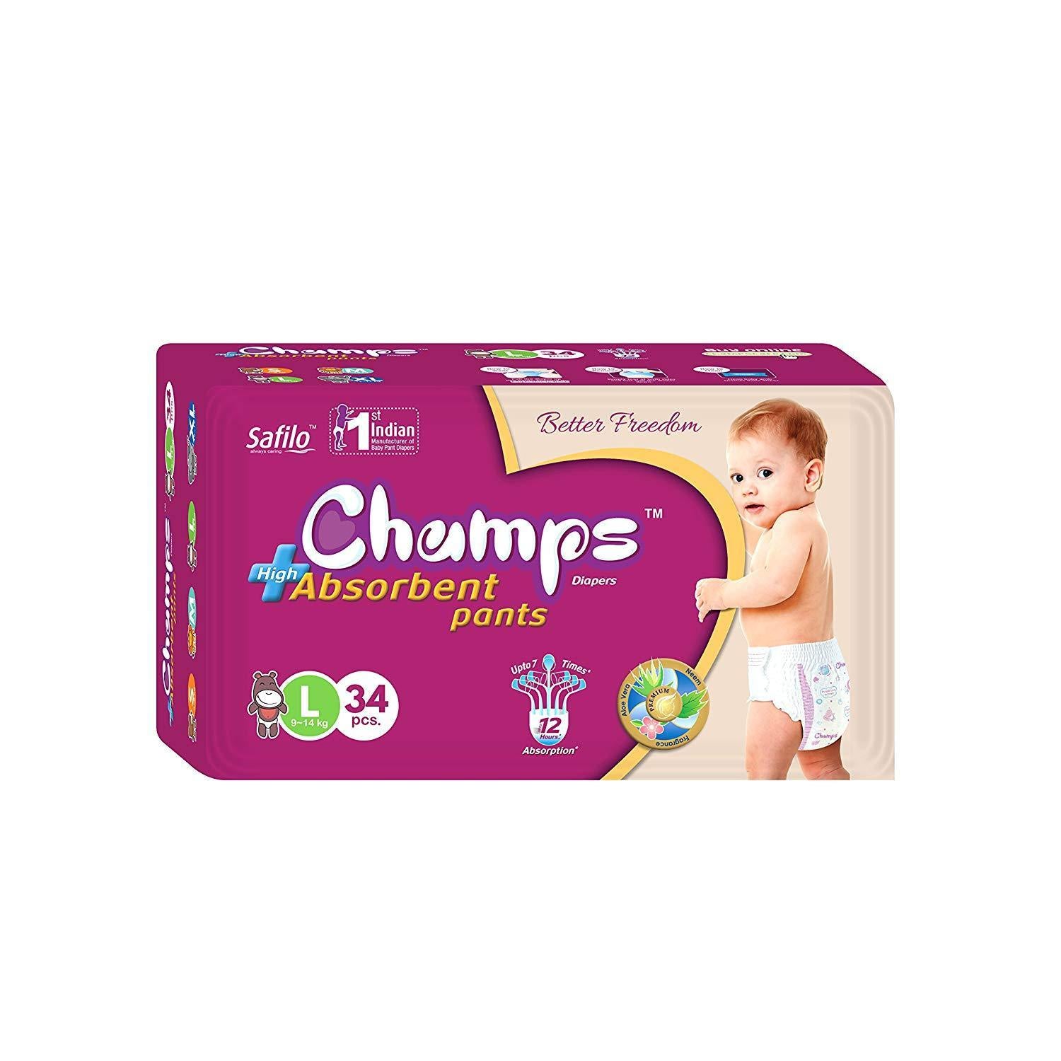 954 Premium Champs High Absorbent Pant Style Diaper Large Size 34 Pieces (954_large_34) - Springkart 