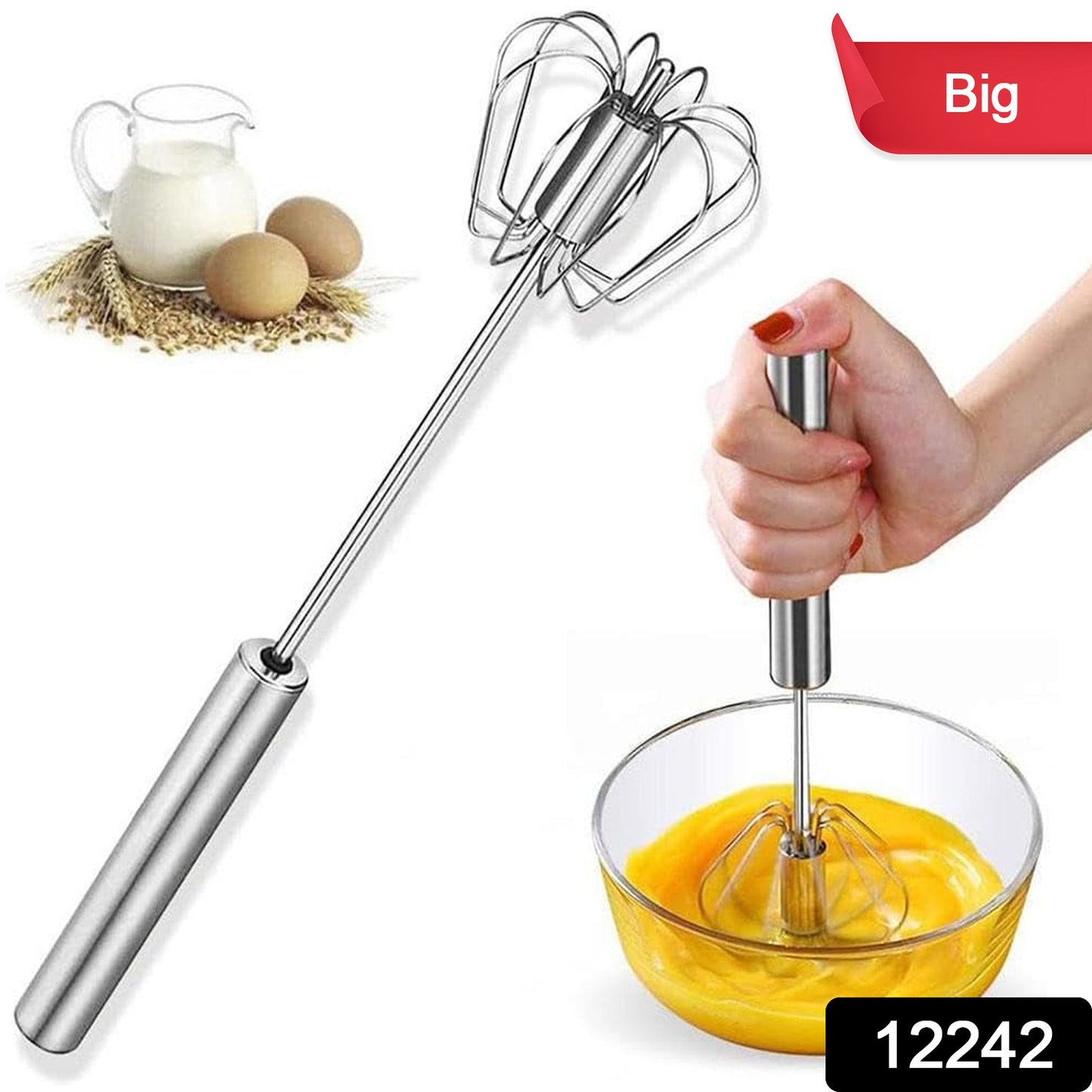Big Stainless Steel Egg Whisk Hand Push Rotary Whisk Blender (1 Pc 35 Cm) - Springkart 