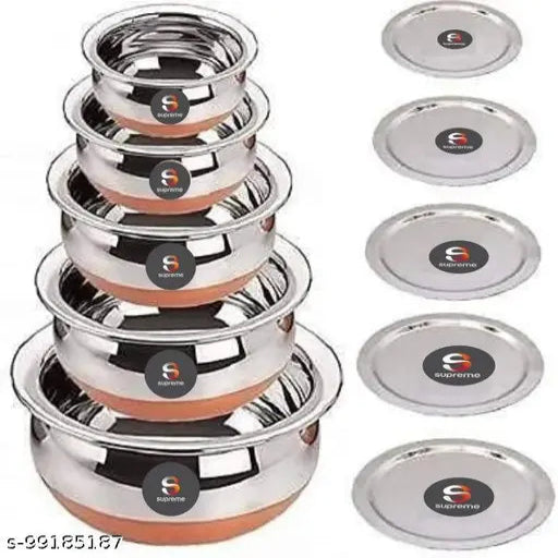Stainless Steel Copper Bottom Handi/patila/Pot Biryani Punjabi Handi Set with Lid 5 Pieces Set (Capacity:- 0.5 L, 0.8 L, 1.2 L, 1.5 L, 1.8 L) Handi 0.5 L, 0.8 L, 1.2 L, 1.5 L, 1.8 L with Lid  (Stainless Steel, Copper, Induction Bottom)