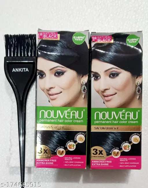 Nouveau Permanent Hair Color Cream Natural Black 2pcs (100ml Each) + Ankita Hair Dye Brush Combo pack