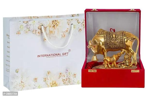 Golden Kamdhenu Cow with Laddu Gopal Statue Oxidized Finish with Luxury Velvet Box Pack and Beautiful Carry Bag Showpiece for Home Decor (Diya Set of 6 Pics)