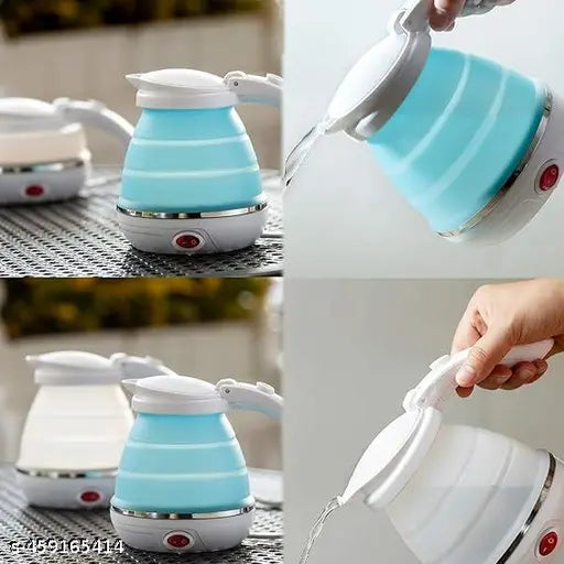 Travel Folding Electric Kettle, Fast Boiling, Beautiful Design-Silicone Foldable Kettle (White, Blue) - 600 Watt