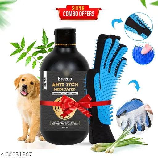 Breedo High Quality Dog Need (Combo of 2) Dog & Cat Gloves+ Anti-Itch Shampoo Conditioner 250 ml Anti-Bacterial & Anti-Fungal Anti-microbial, Conditioning Allergy Relief, Anti-dandruff, Anti-fungal, Whitening and Color Enhancing