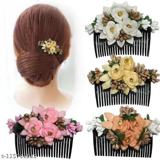 Acrylic Comab and Cloth Flower Hair Clip Comb For Girls (Pack of 4)