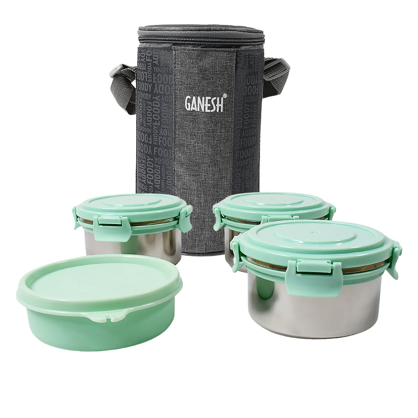 8717 4in1tiffin Box-lunch Box 3 Stainless Steel Containers 300 Ml Approx Plastic Salad Container 200 Ml Approx Plastic Lid Box Round Zip Bag Leak Proof Microwave Safefor Office College And School For Men Women - Springkart 