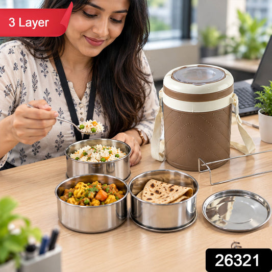 Insulated Tiffin Box With Steel Containers And Shoulder Carry Strap - Nekza (3 Layer)