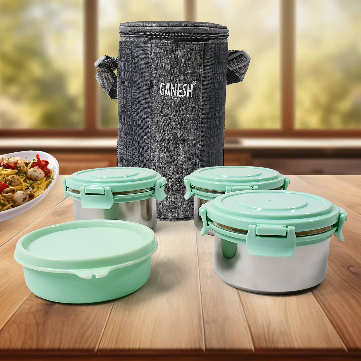 8717 4in1tiffin Box-lunch Box 3 Stainless Steel Containers 300 Ml Approx Plastic Salad Container 200 Ml Approx Plastic Lid Box Round Zip Bag Leak Proof Microwave Safefor Office College And School For Men Women - Springkart 