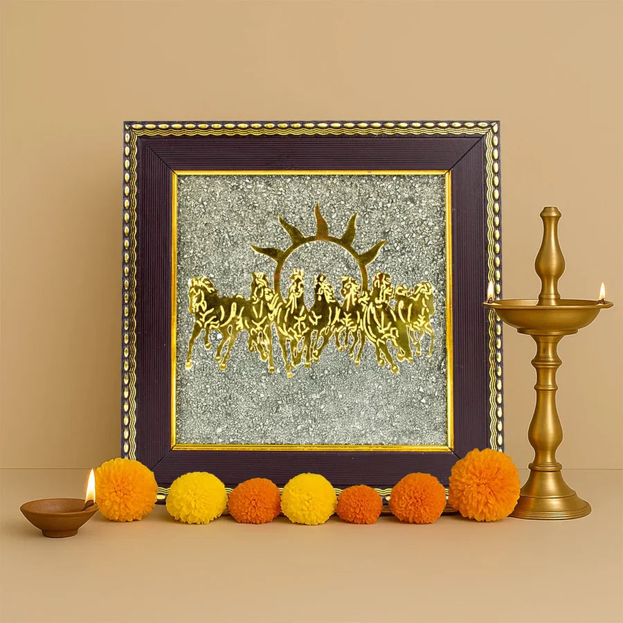 7 Horses on Raw Pyrite Frame with FREE Shree Yantra (6*6 inch)