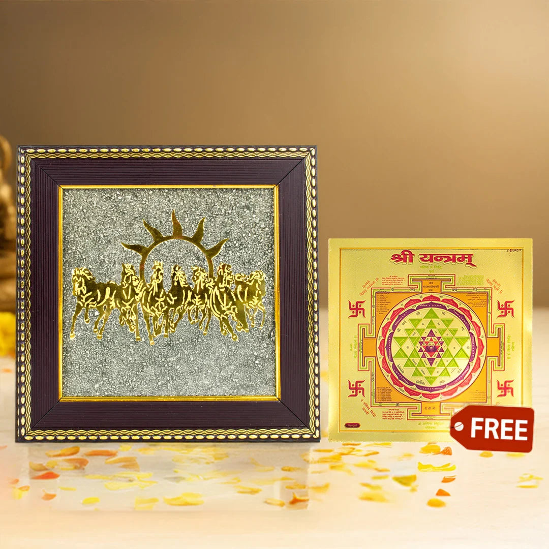7 Horses on Raw Pyrite Frame with FREE Shree Yantra (6*6 inch)