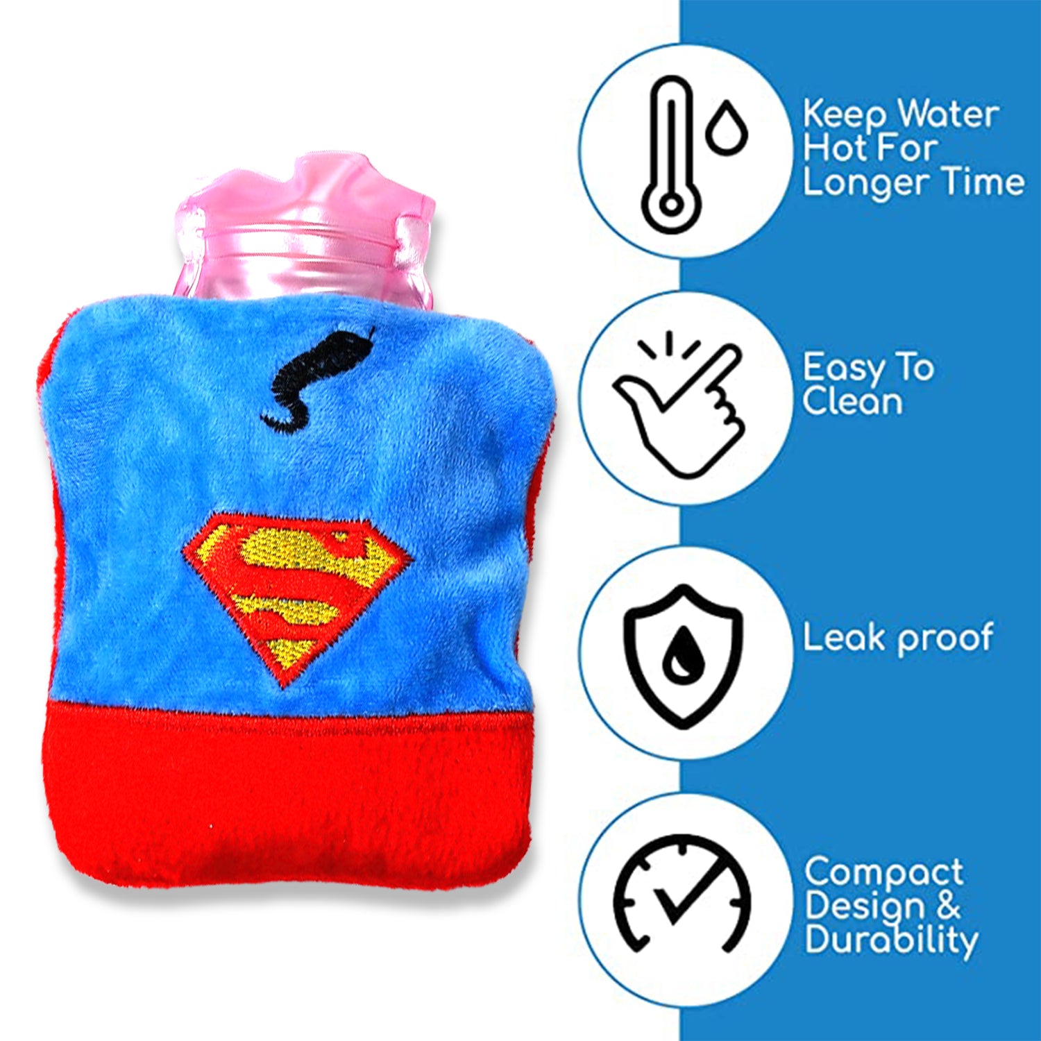 6530 Superman Print Small Hot Water Bag With Cover For Pain Relief Neck Shoulder Pain And Hand Feet Warmer Menstrual Cramps. - Springkart 