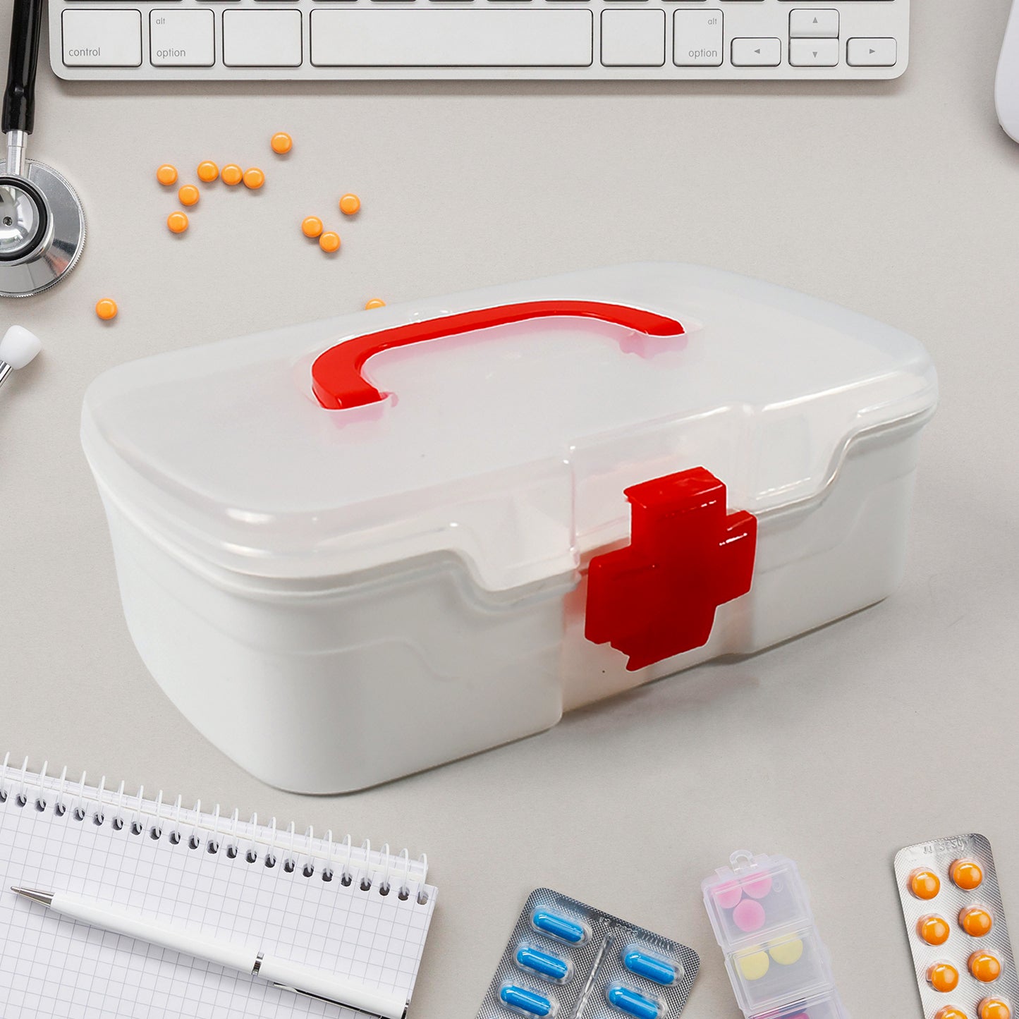 12980 3 Compartment Medical Box 1 Piece Indoor Outdoor Medical Utility Medicine Storage Box Detachable Tray Medical Box Multi Purpose Regular Medicine First Aid Box With Handle Transparent Lid Color Box - Springkart 
