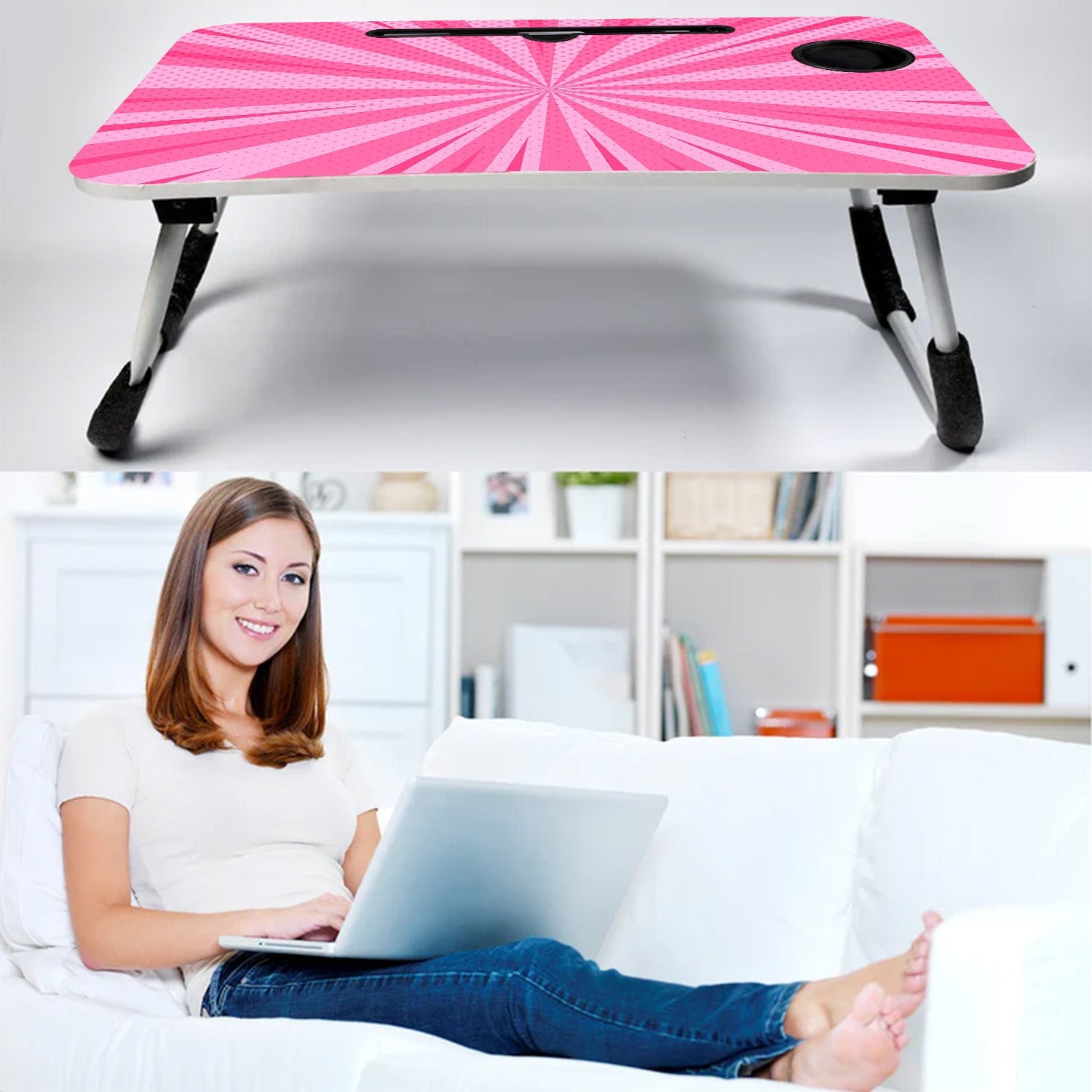 Barbie Design Foldable Bed Study Table Portable Multifunction Laptop Table Lapdesk for Children Bed Foldable Table Work Office Home with Tablet Slot & Cup Holder - Springkart 