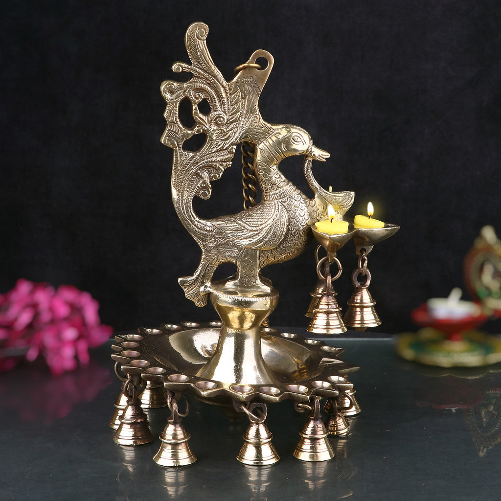 Pure Brass Peacock Diya Hanging with Bells