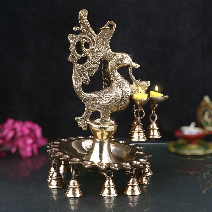 Pure Brass Peacock Diya Hanging with Bells