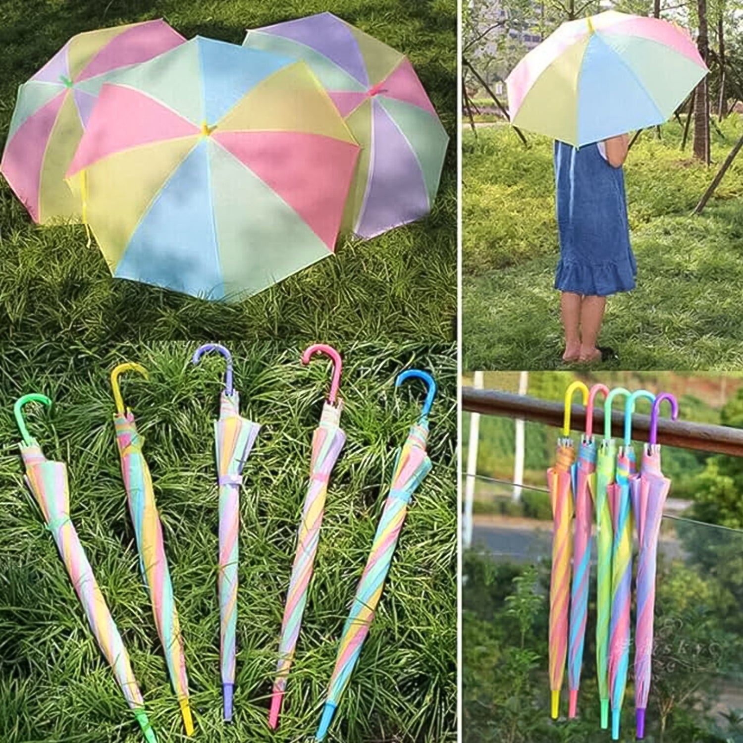 Colorful Rainbow Umbrella Multi-colour J Shaped Handle (1 Pc) - Springkart 