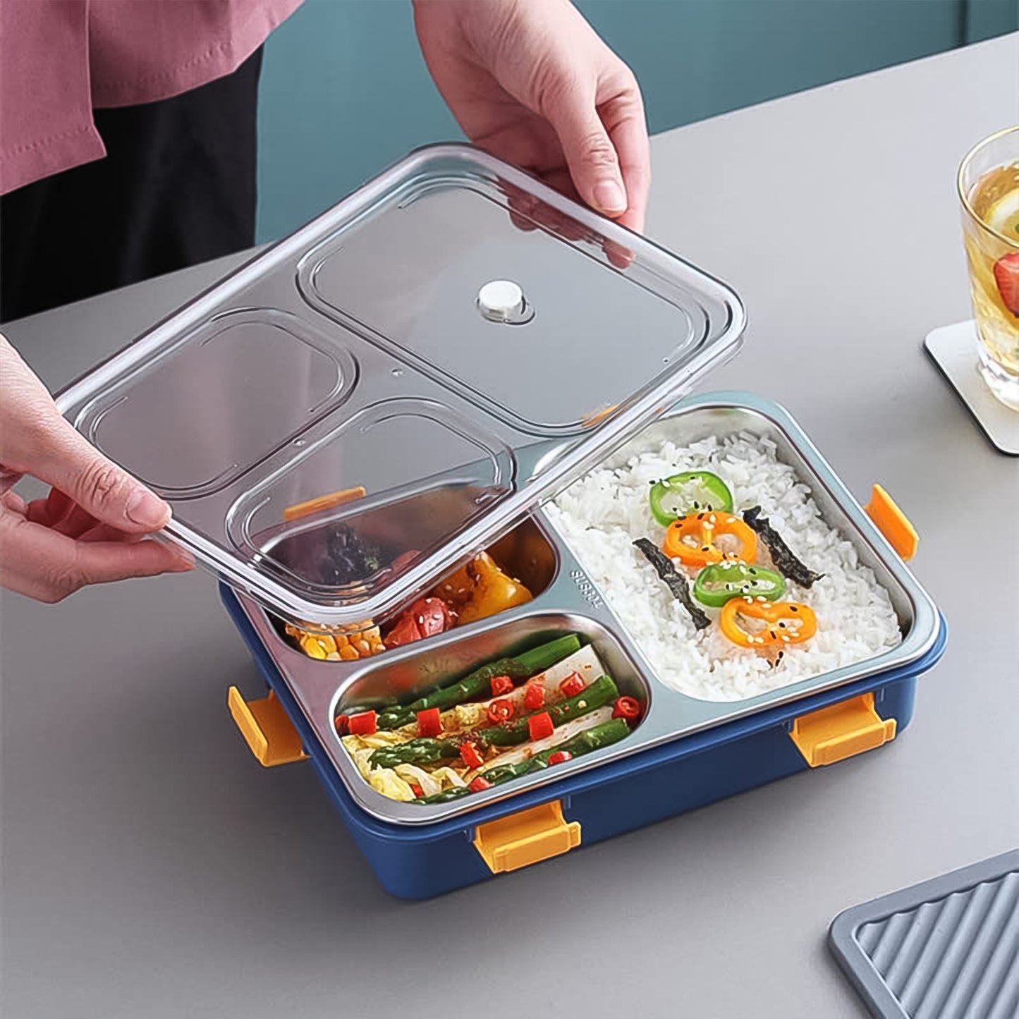 3 Compartment Transparent Stainless Steel Lunch Box With A Spoon And A Pair Of Chopsticks (1 Set) - Springkart 