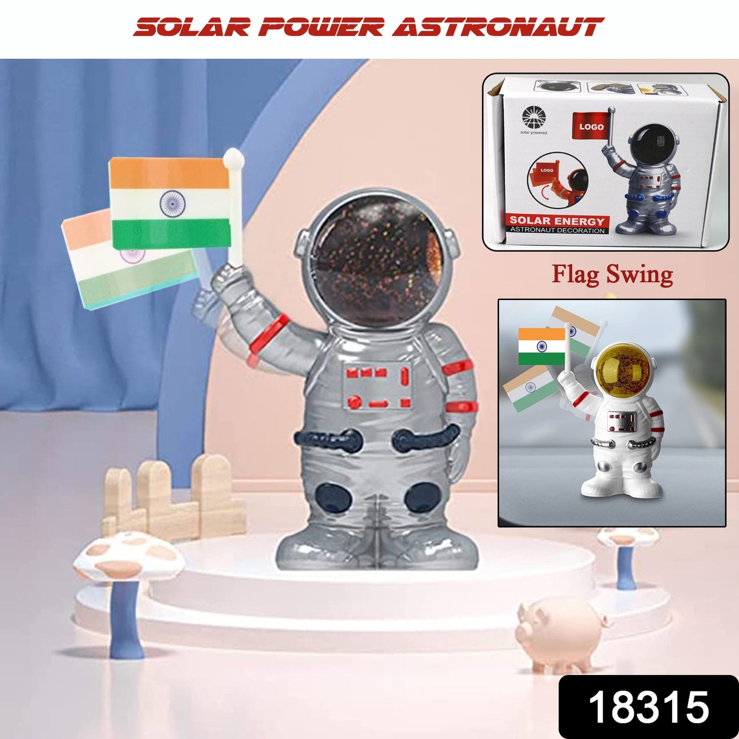 Solar Power Astronaut Ornament Moving Hand With Indian Flag (1 Pc) - Springkart 