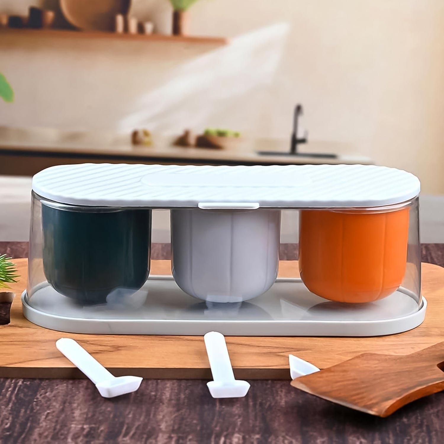 Home Kitchen 3 Grid Seasoning Spice Masala Box Kit With Spoon (Multicolor 1 Set) - Springkart 