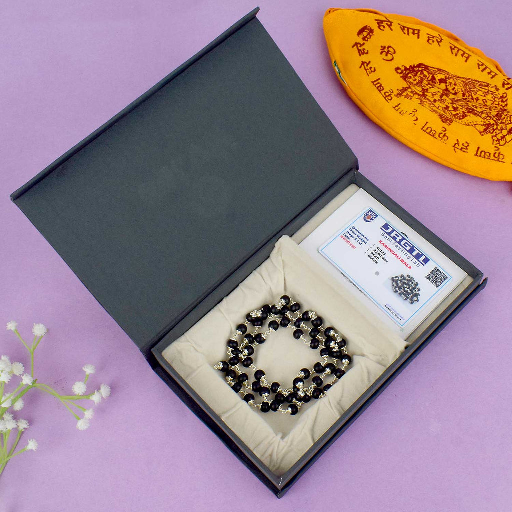 Govt. Lab Certified Original Ebony wood 925 Silver Caps Karungali Mala