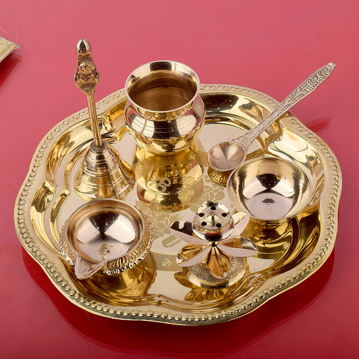 Brass Om Laxmi Ganesh Pooja Thali Set of 7 Piece