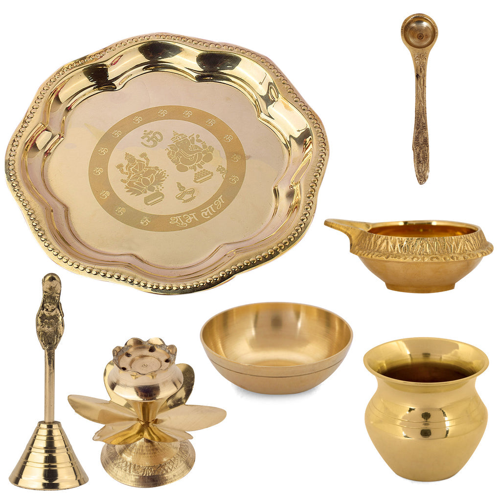 Brass Om Laxmi Ganesh Pooja Thali Set of 7 Piece