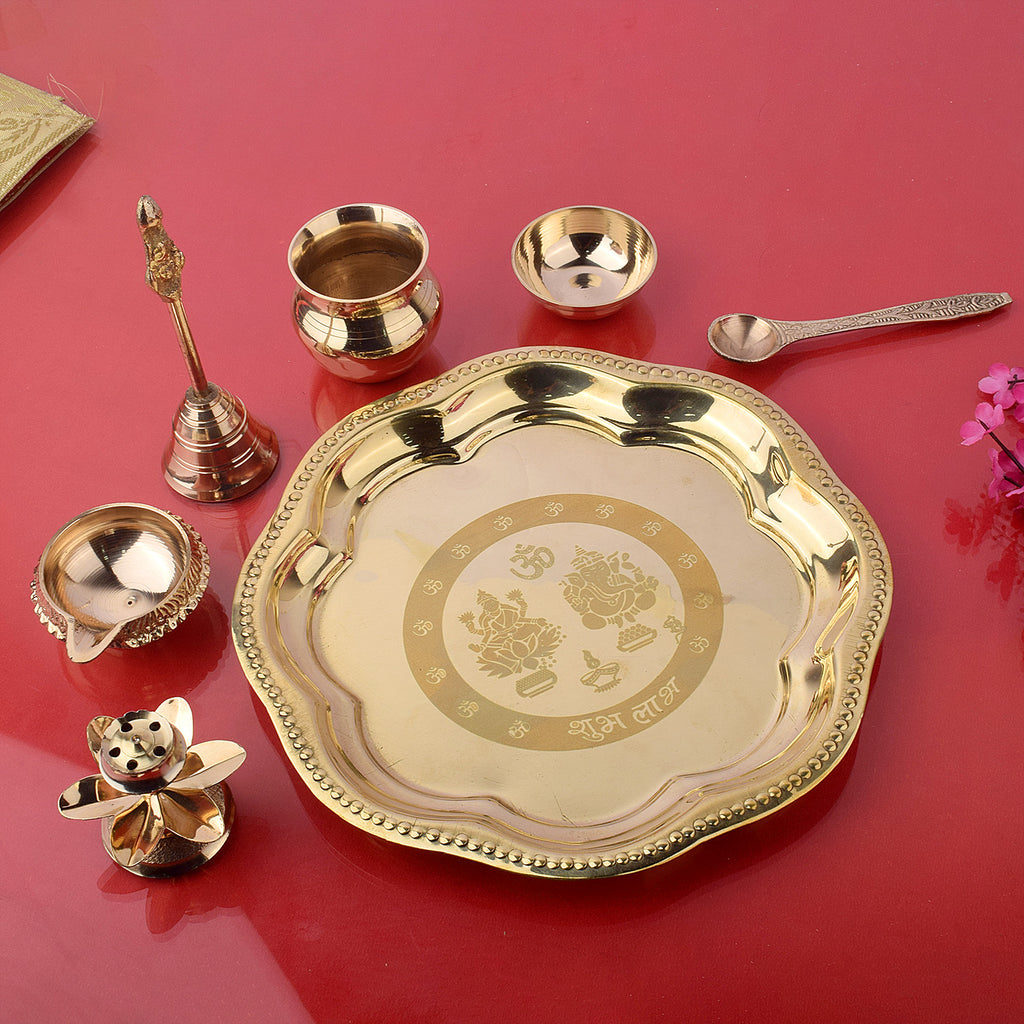 Brass Om Laxmi Ganesh Pooja Thali Set of 7 Piece