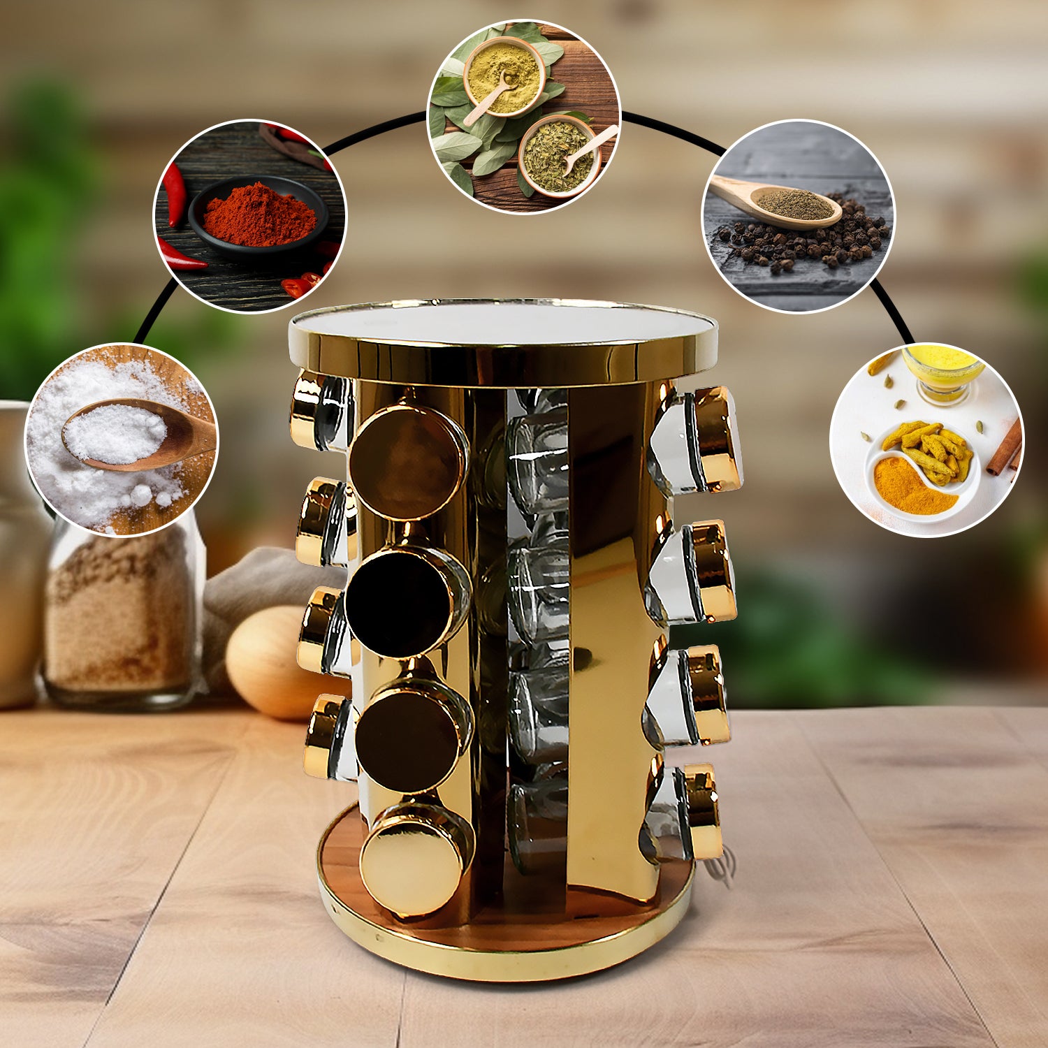 Led Spice Rack Organizer Rotating Spice Rack With Free 16 Seasoning Jars Revolving Tower Organizer Stainless Steel For Kitchen Storage (Golden 16 Pc Moq - 6 Pc) - Springkart 