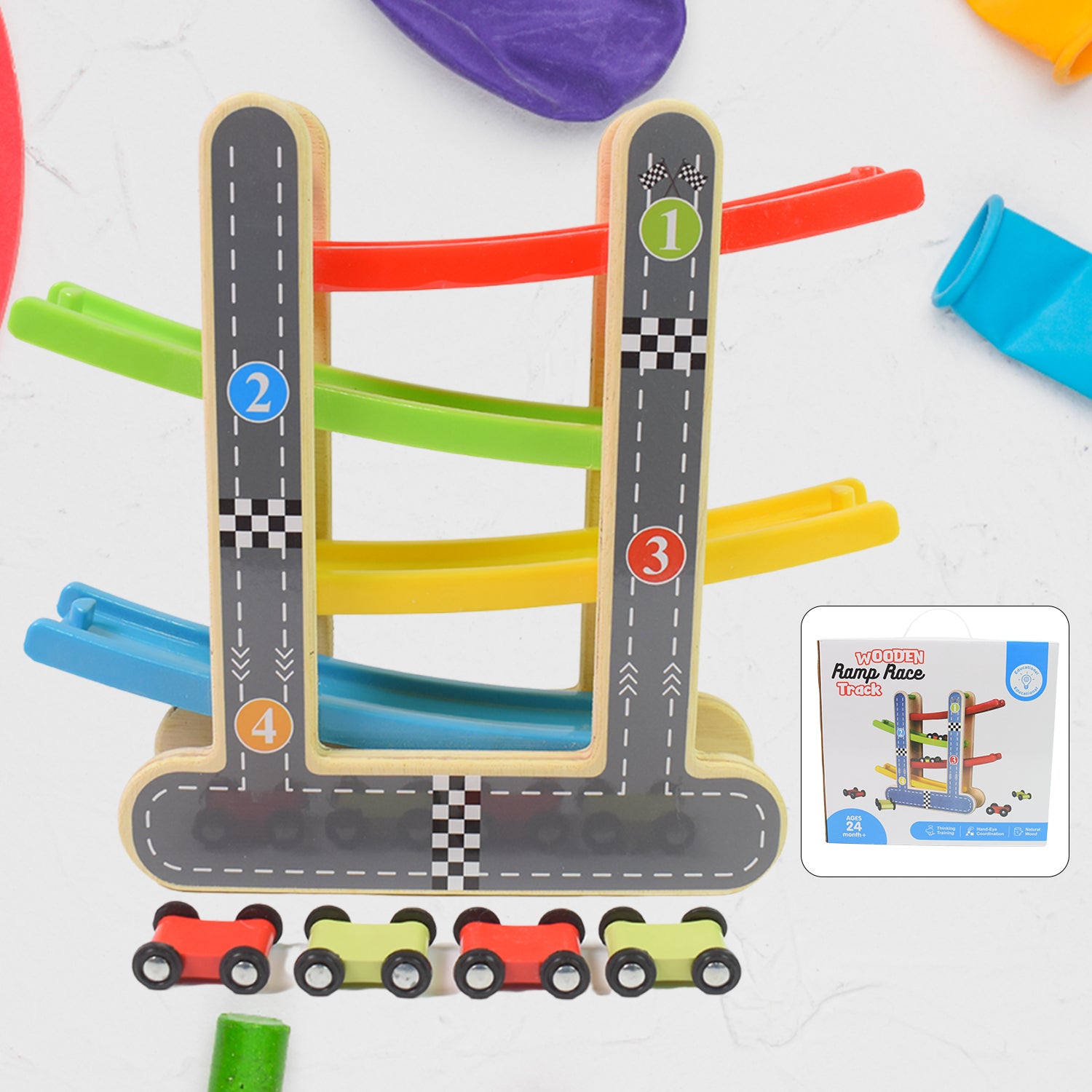 Car Racer Track Play Set Wooden Click Clack Toys With 4 Mini Racers (1 Set) - Springkart 
