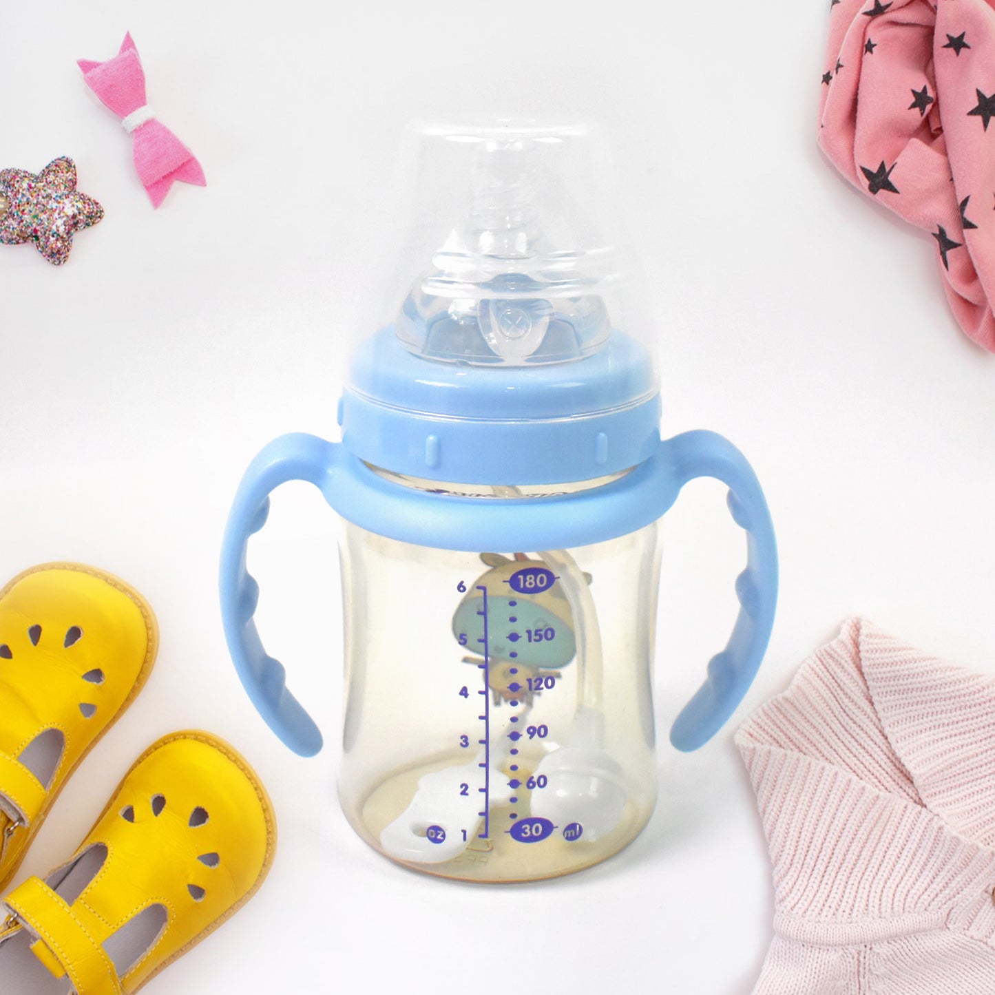 Plastic Baby Feeding Bottle With Handles Cleaning Brush Straw (180 Ml 1 Pc) - Springkart 