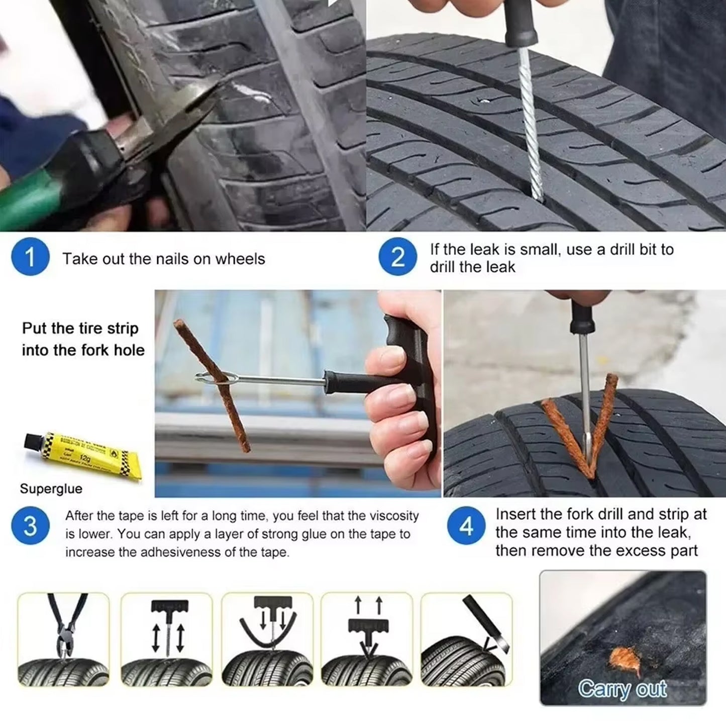 Tyre Puncture Repair Kit With 3 Seal Strips (5 Pcs Set)