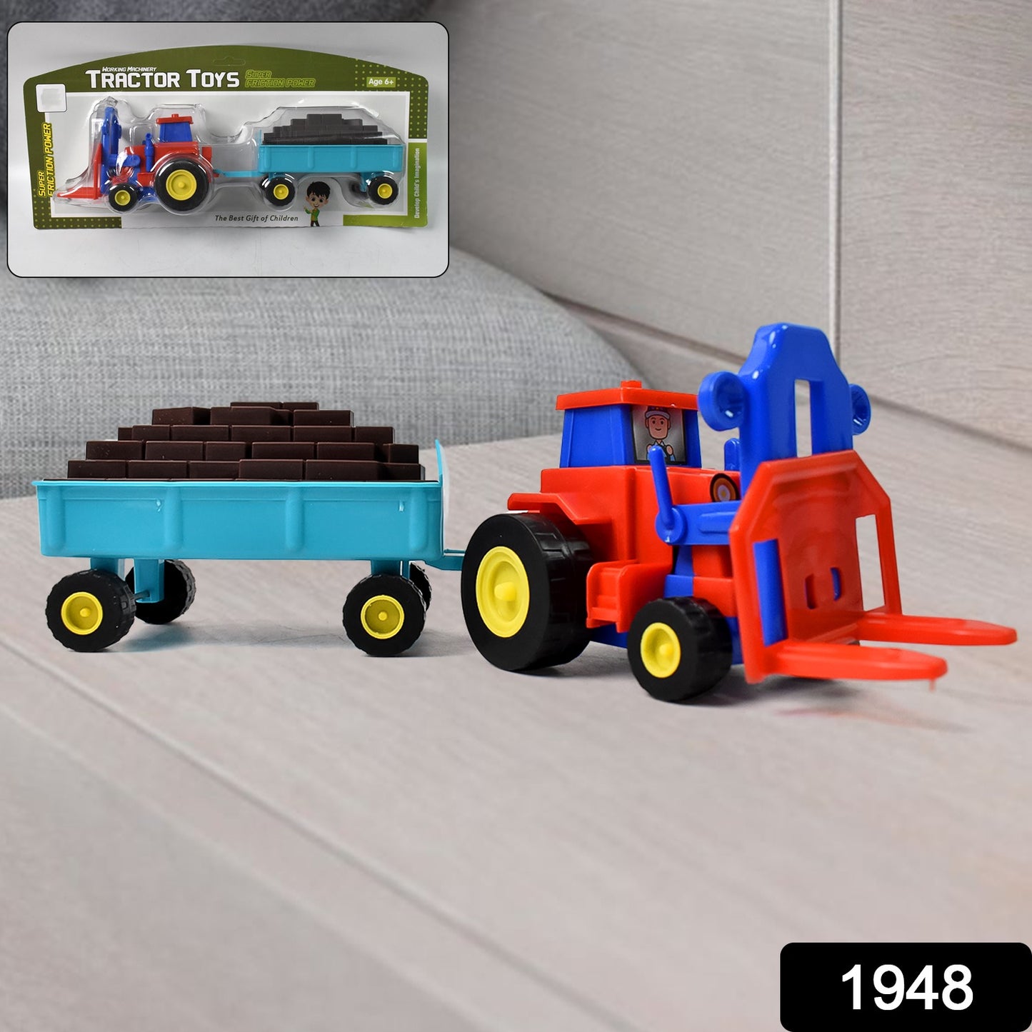 Plastic Tractor Toy Friction Powered Tractor With Bricks Trolley (1 Pc) - Springkart 