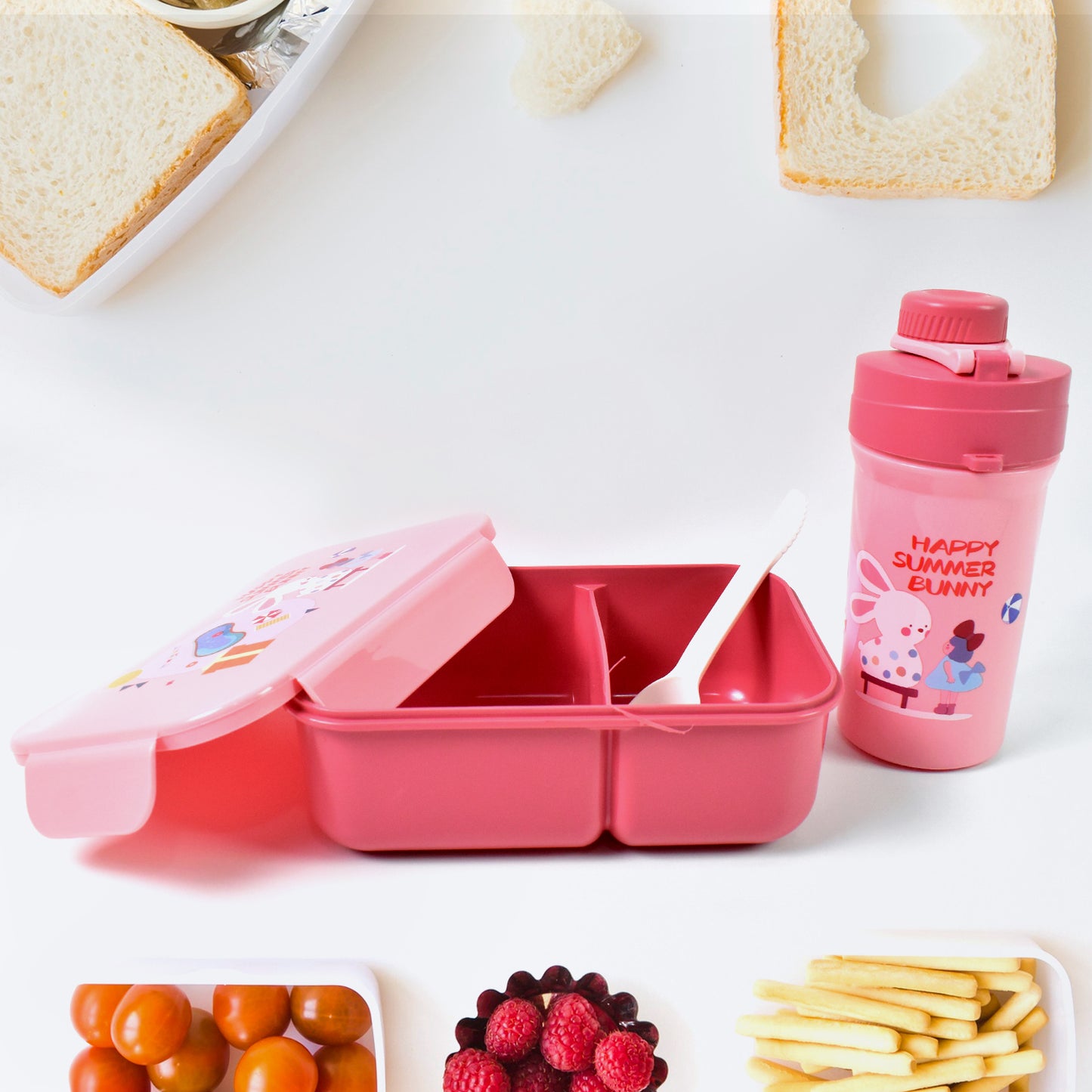 Plastic Lunch Box Leak Proof 2 Compartment With Bottle And Fork (1 Set Mix Color) - Springkart 