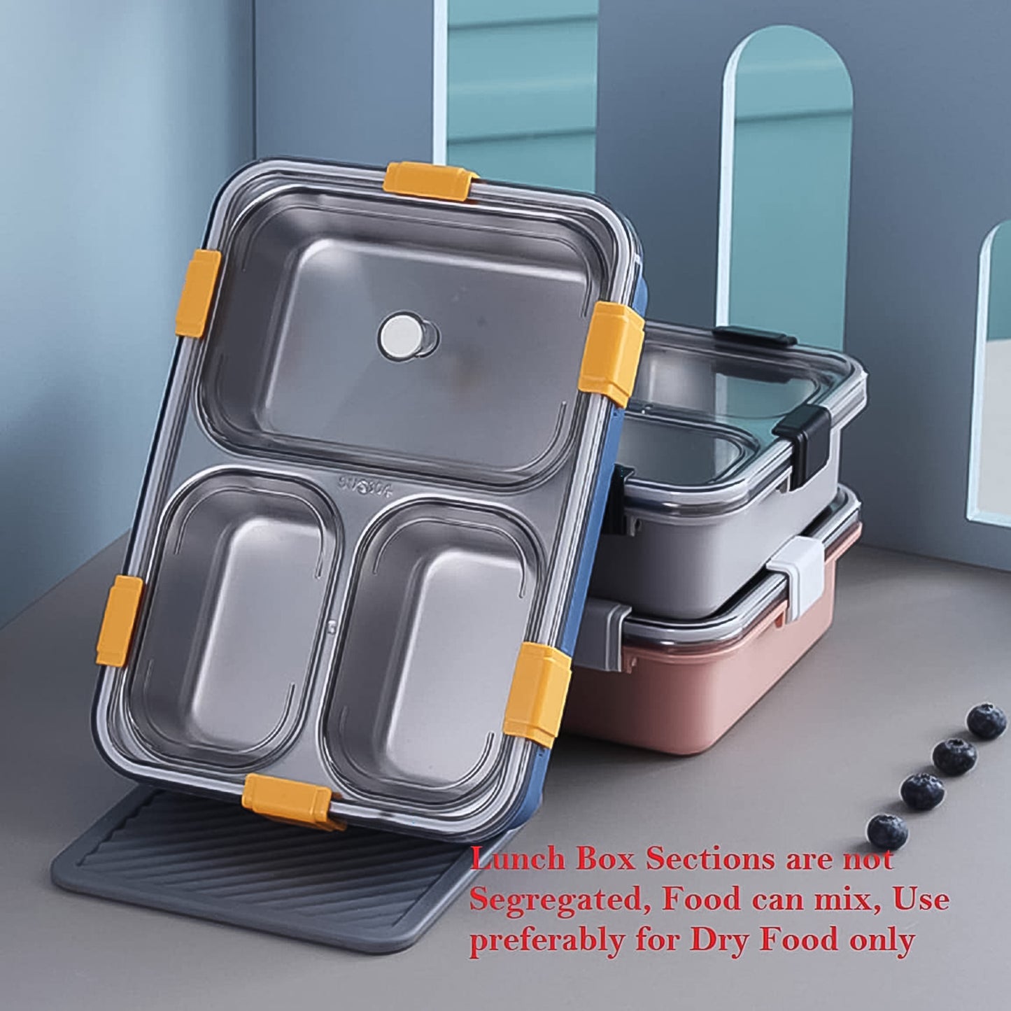 3 Compartment Transparent Stainless Steel Lunch Box With A Spoon And A Pair Of Chopsticks (1 Set) - Springkart 