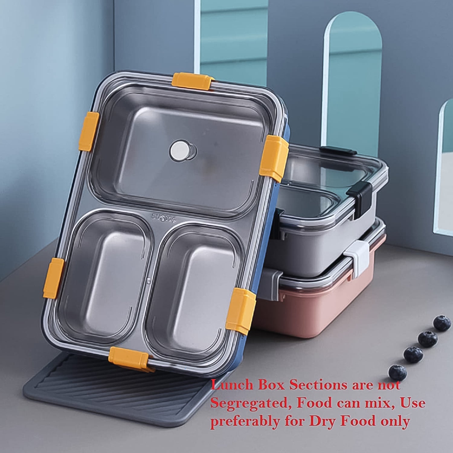3 Compartment Transparent Stainless Steel Lunch Box With A Spoon And A Pair Of Chopsticks (1 Set) - Springkart 
