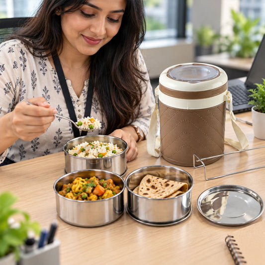 Insulated Tiffin Box With Steel Containers And Shoulder Carry Strap - Nekza (3 Layer)