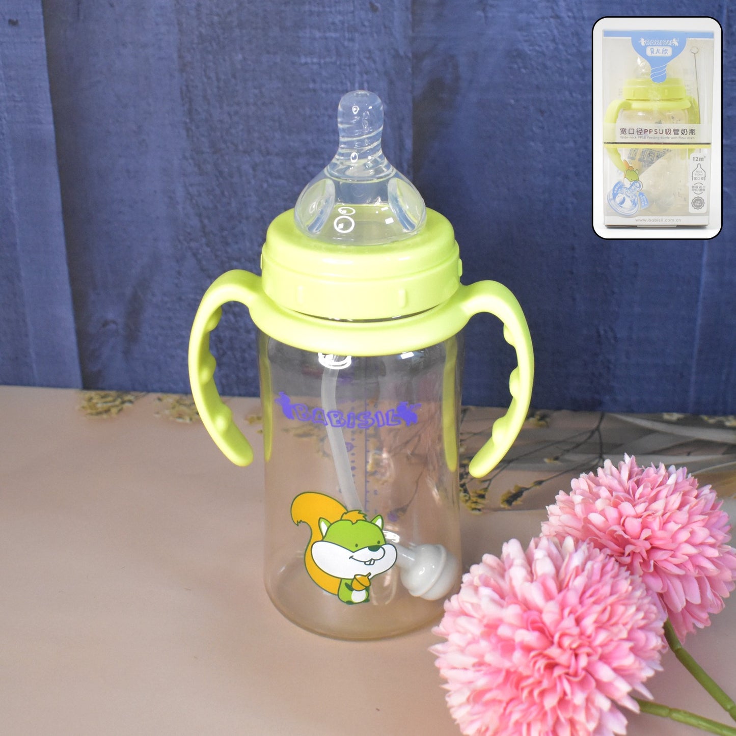 Plastic Baby Feeding Bottle With Handles Cleaning Brush Straw (300 Ml 1 Pc) - Springkart 