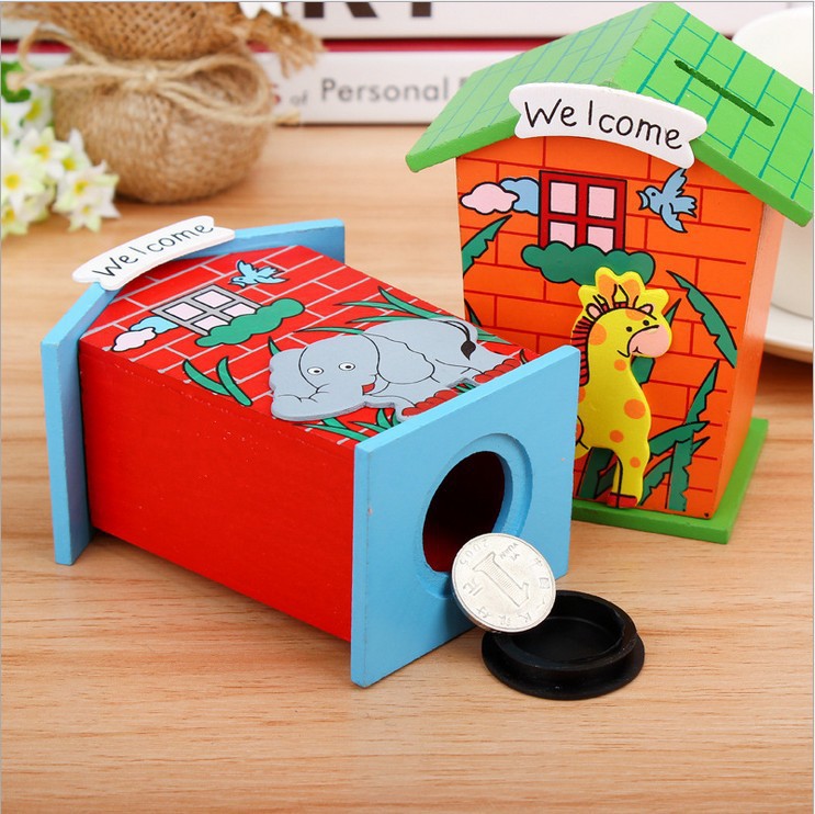 Cute Cartoon House Shaped Lovely Wooden Piggy Bank Money Bank - Springkart 