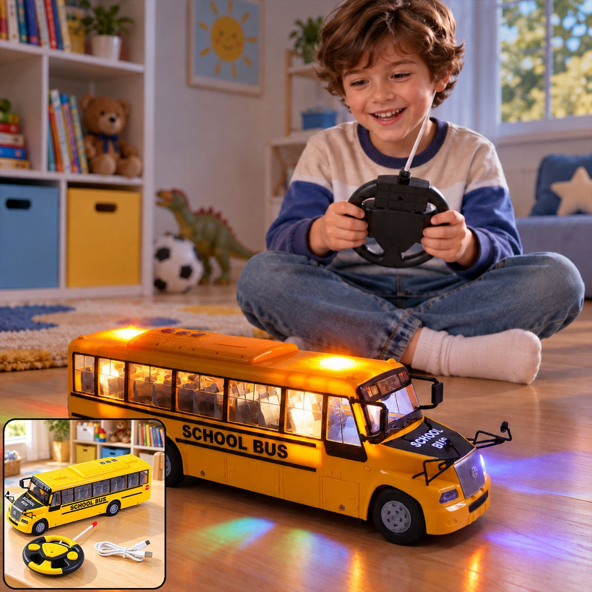 Rechargeable Remote Control School Bus Toy With Lights And Music (1 Set)