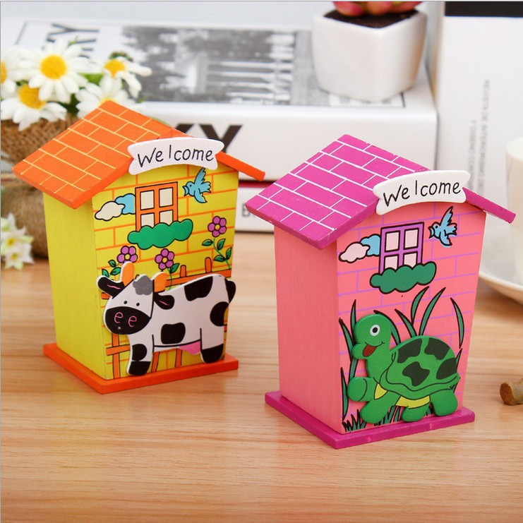 Cute Cartoon House Shaped Lovely Wooden Piggy Bank Money Bank - Springkart 