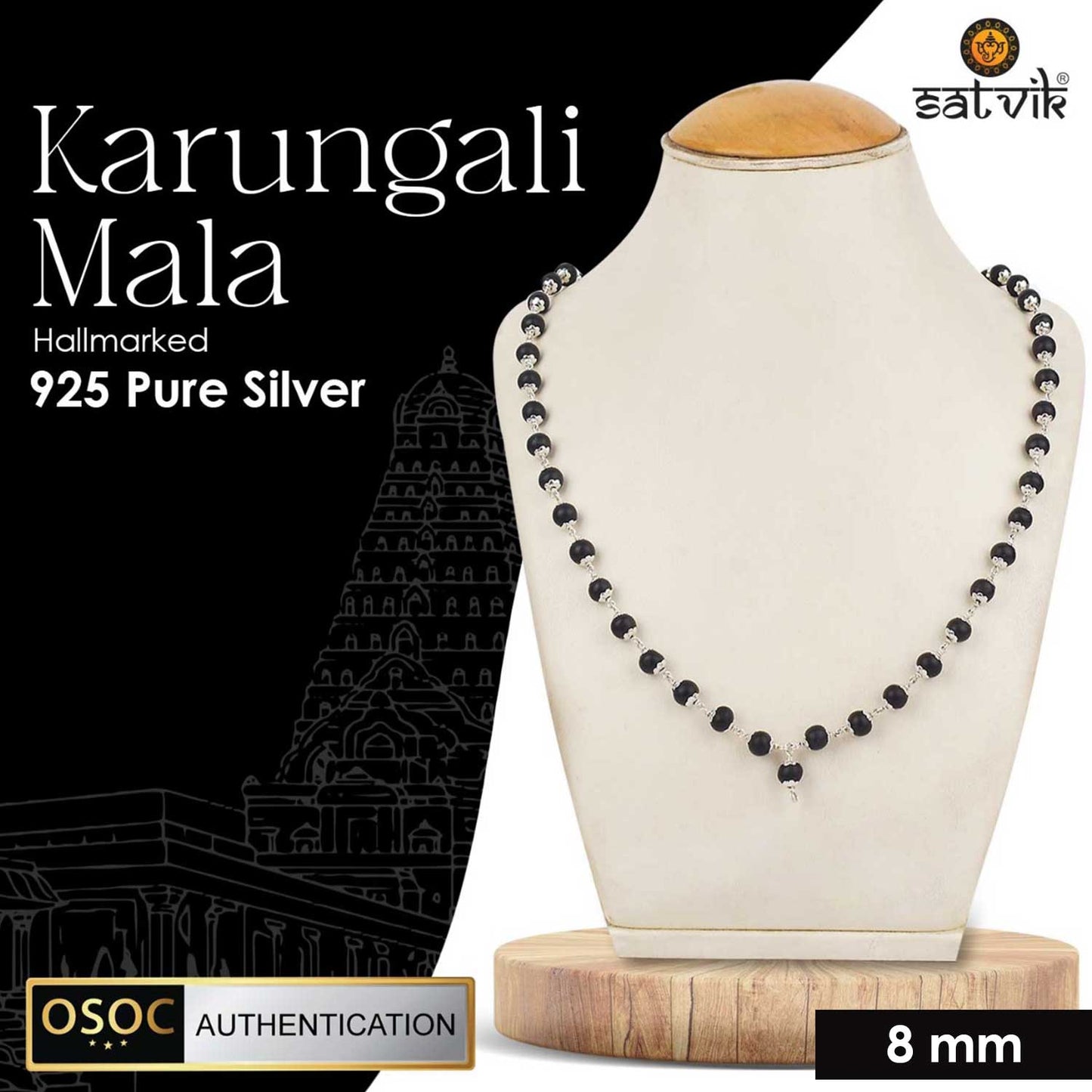 Govt. Lab Certified Original Ebony wood 925 Silver Caps Karungali Mala