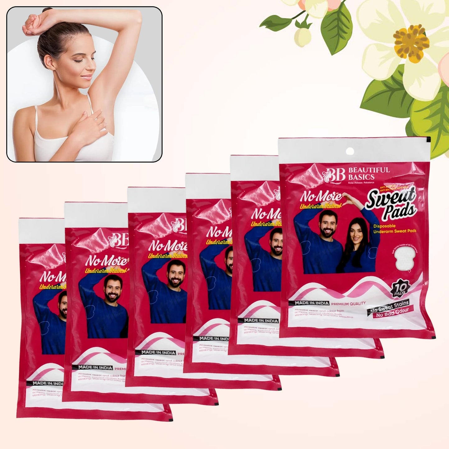 Beautiful Basics Underarms Sweat Pads Disposable (Pkts 6x 60 Pcs Set) - Springkart 